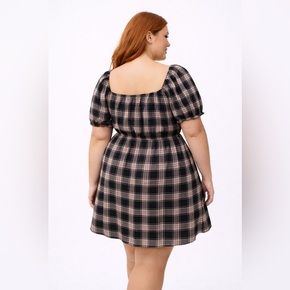 Torrid Black & Brown Plaid Puff Sleeve Mini Challis Dress, Large, NWT! - Picture 9 of 16